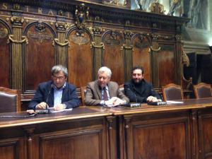 Da sinistra: Tonino Delli Iaconi, Leonardo Michelini e Andrea Alessi alla presentazione di Sacro e Profano