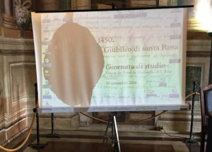 Il pannello che illustra il convegno "1450. Il Giubileo di Santa Rosa"
