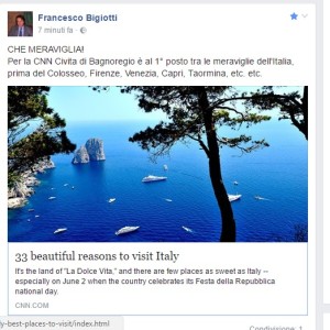 Il post entusiastico del sindaco di Bagnoregio, Francesco Bigiotti